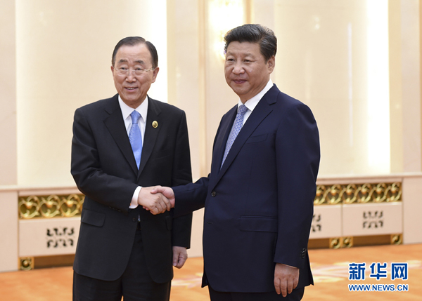 9月3日,国家主席习近平在北京人民大会堂会见联合国秘书长潘基文。新华社记者张铎摄